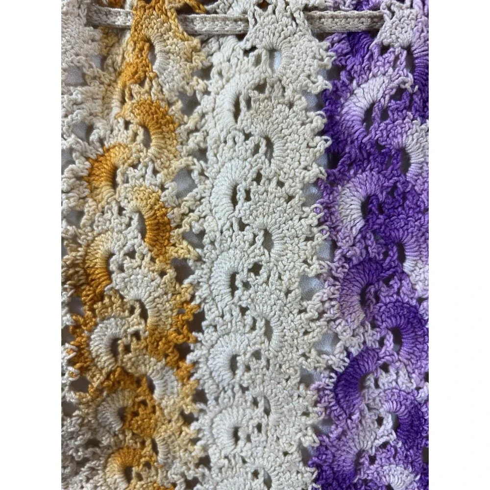 Vintage Ivory Crochet Drawstring Purse Bag Lined Yellow Pink Purple